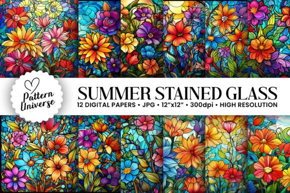Summer Stained Glass Flowers Backgrounds: A Vibrant Design Asset