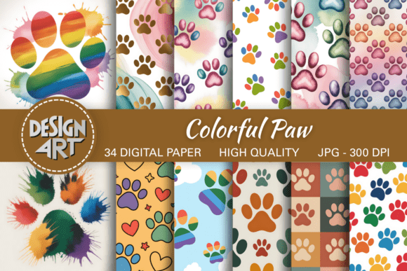 Vibrant Colorful Paw Prints Backgrounds for Creative Projects